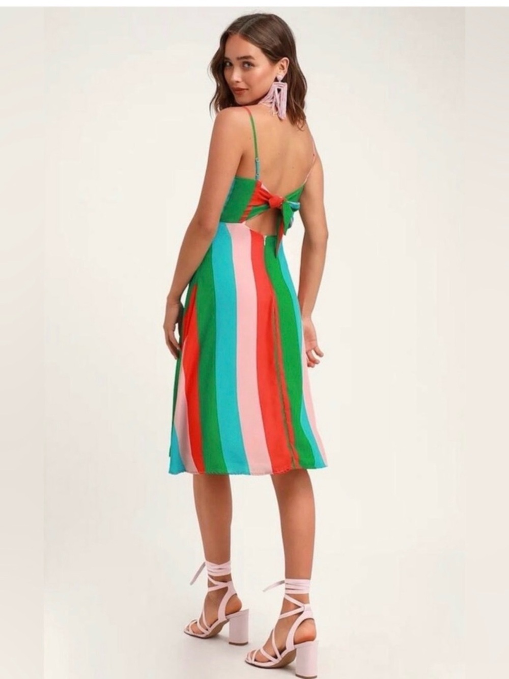 Lulus Vivacious Veronica Multi Green Pink Stripe tie back knot midi dress - Picture 2 of 10
